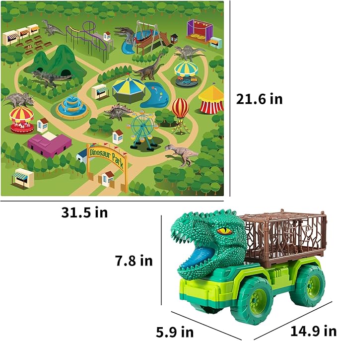 TEMI 25 in 1 Tyrannosaurus Kids Dinosaur Carrier Truck Set, Dinosaur Transport Car Toys for Kids 3-5 with Play Mat, 18 Dinosaur Figures, Eggs, Capture Dinosaurs Playset for 3 4 5 6 7+ Year Old