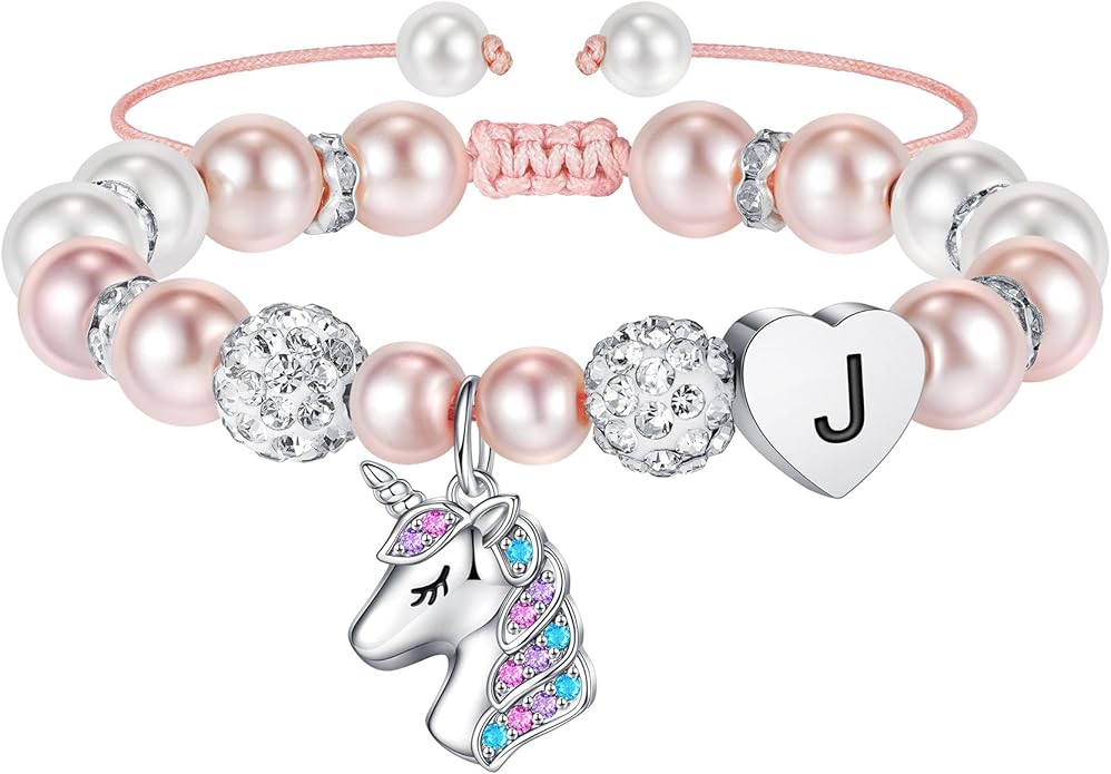 Hidepoo Christmas Gifts for Grandkids Girls - CZ Initial Unicorn Bracelet Adjustable Pink Pearl and Rhinestone Balls Heart Initial Unicorn Bracelets Jewelry Birthday Gifts for Girls Stocking Stuffers