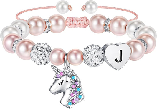 Hidepoo Christmas Gifts for Grandkids Girls - CZ Initial Unicorn Bracelet Adjustable Pink Pearl and Rhinestone Balls Heart Initial Unicorn Bracelets Jewelry Birthday Gifts for Girls Stocking Stuffers