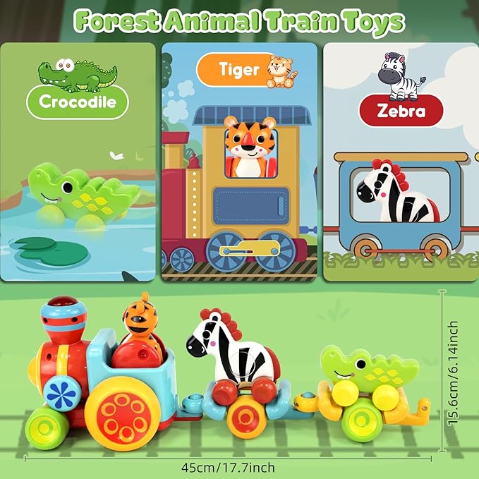 Marstone Baby Toys for 1 2 Year Old Boys and Girls Gifts, Forest Train Car Set for Toddlers 1-2, Push Animal Baby Toys 12-18 Months, Learning Toddler Toys for 1-3 Yr Old Boy Birthday Xmas Gift
