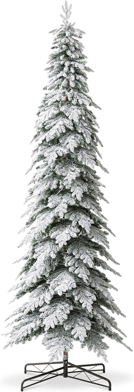 Glitzhome 11ft Pre-Lit Flocked Pencil Spruce Artificial Christmas Tree Chicago Frostwood Spruce with 700 Warm White Lights for Home, Office, Party Decoration