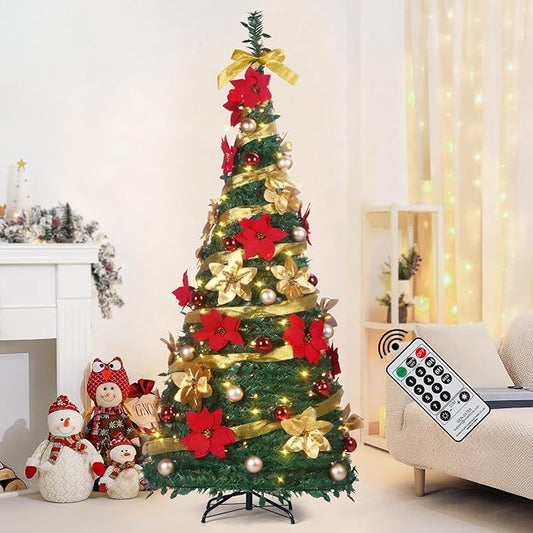 6.5FT Pop Up Christmas Tree Pre-Decorated with LED Lights Instant Setup Foldable Xmas Tree for Indoor&Outdoor All-Weather Remote Control