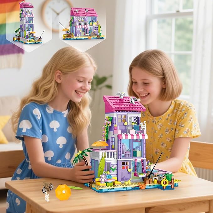 3 in 1 Pink Girls Beach House Building Set with Light, Seaside Villa Friends Building Toys, Compatible with Lego Friends Construction Educational Toy for Adults Kids Age 8-12 and Up (961 PCS)