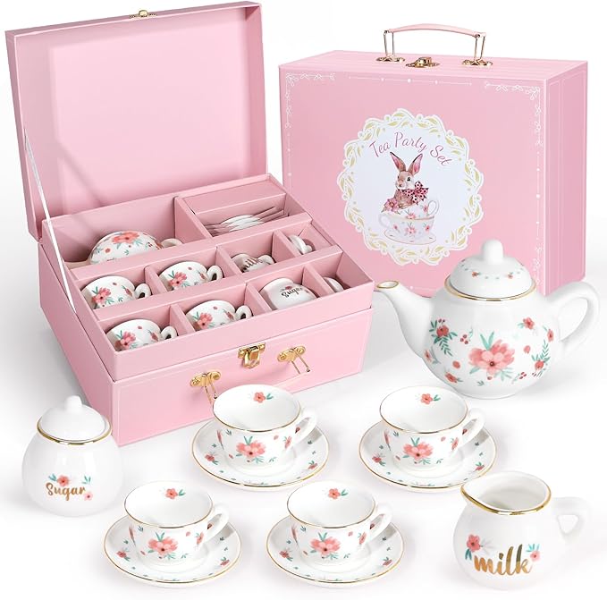 Porcelain Tea Set for Girls, Tea Party Set for Little Girls, Kids Tea Set Kitchen Pretend Play, Princess Tea Time Playset with Teapot Cups Carry Case, Toddler Girl Toys Birthday Gifts Age 3+