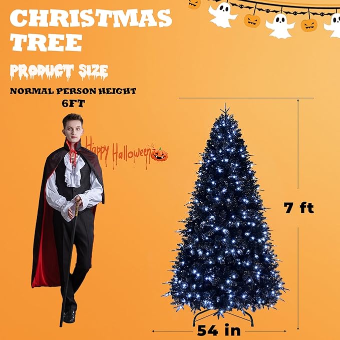 7FT PreLit Black Christmas Tree with 450 Lights, Artificial Fake Christmas Tree with 1916 PE&PVC Branch Tips, Halloween and Xmas Tree for Holiday Decorations, Metal Stand and Hinged Branches