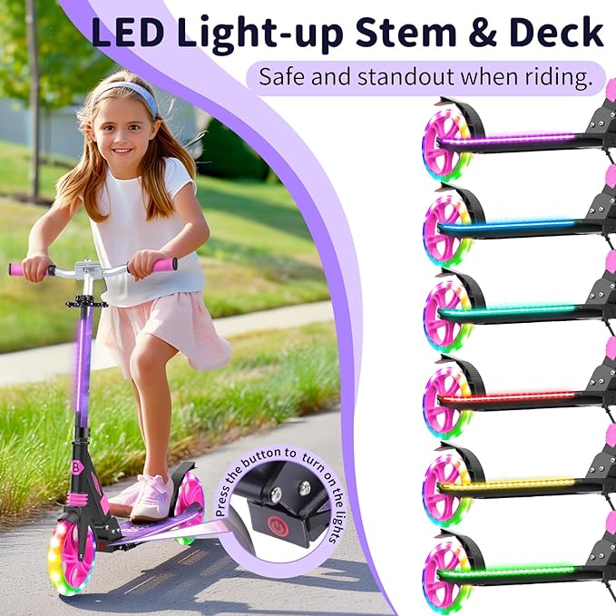 BELEEV V8 Scooters for Kids Ages 6+ with Light-Up Deck, 2 Wheel Folding Scooter for Adults Teens, 4 Adjustable Height, Lightweight Sport Commuter Scooter, Sturdy Frame, Max Load 220 lbs