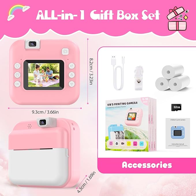 Kids Camera Instant Print with Flip Lens, Christmas Birthday Gift for Girls Boys, Digital Camera HD Video Instant Print Photos for Toddlers, Portable Travel Toys for 4 5 6 7 8 9 10 Year Old Pink