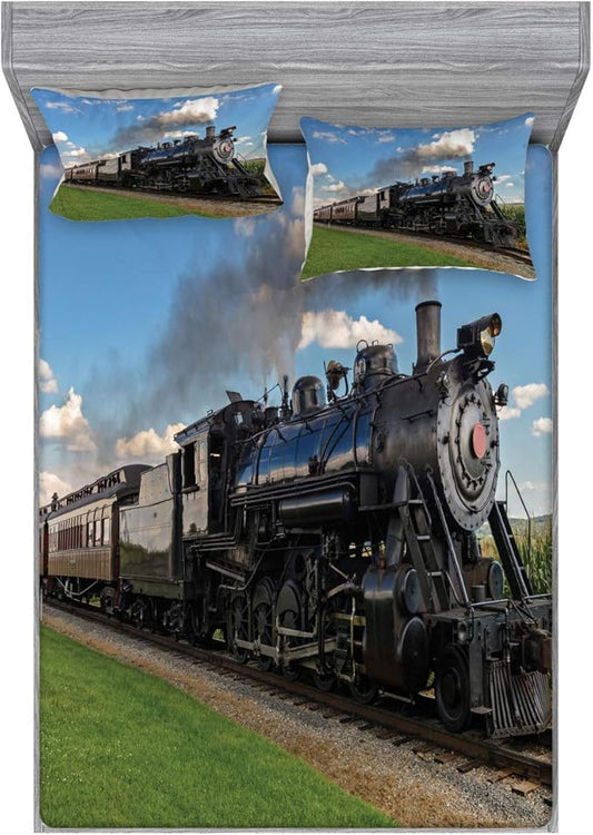 Ambesonne Steam Engine Bedding Set with Sheet & Covers, Vintage Locomotive in Countryside Scenery Green Grass Puff Train Picture, Printed Bedroom Decor 2 Shams, Queen, Blue Green