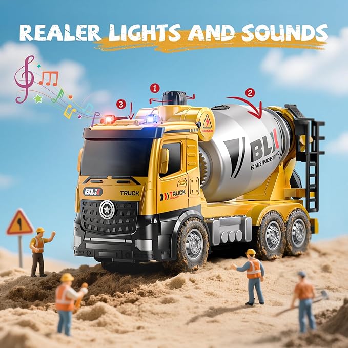4 Pcs Alloy Construction Truck Toys For 2 3 4 5 Year Old Boys, 9" Construction Vehicles With Light & Sound, Include Excavator, Crane, Dump and Mixer, Ideas 2 3 4 5 Year Old Boy Birthday Gifts