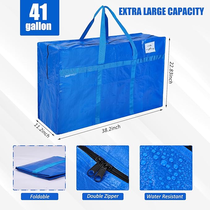 Windyun 4 Pack 41 Gallon Extra Large Storage Bags XXL Moving Bags with Zipper Handles Heavy Duty Jumbo Big Totes Box for Halloween Skeleton 4-12 Feet Christmas Tree Storage College Dorm Cloth (Blue)