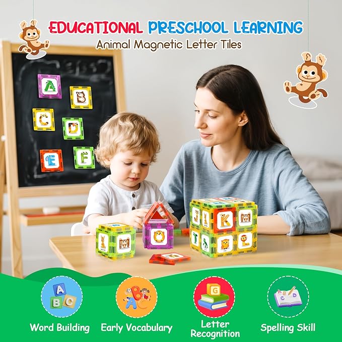 Magnetic Tiles Letters Learning Toys, Animals Alphabet ABC Magnets for Kids 1-3 2-4 3-5, Toddlers Classroom Must Haves Construction Stacking Toys, Teacher Educational Supplies for Preschool Spelling