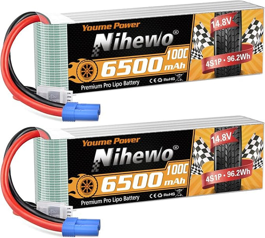 4S Lipo Battery 6500mAh 14.8V RC Battery 100C with EC5 Connector Soft Case Fit for 1/7 1/8 Scale RC Car Truck Vehicles Tank Boat Airplane Helicopter Quadcopter Models (2Packs)