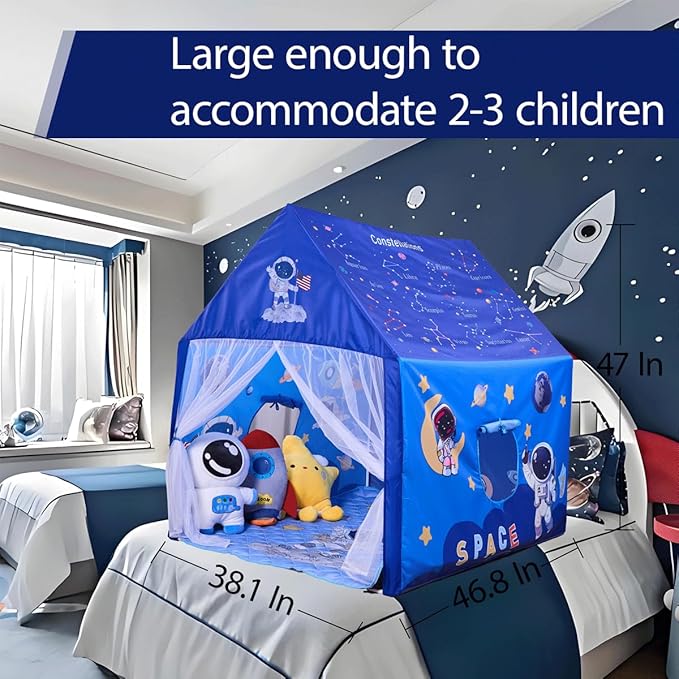 Space Rocket Ship Kids Tent with Mat, Star Lights for Boys & Girls Aged 3+ Toddler for Indoor Outdoor Playhouse Tent Set Sizes 47×46.8×38.1In,Washable