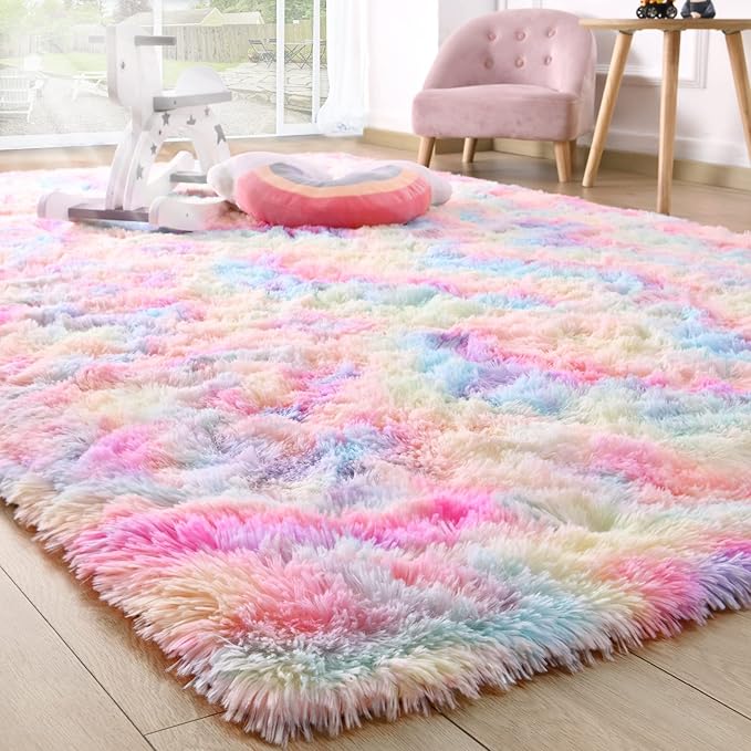 Ompaa Rainbow 9x12 Feet Area Rugs, Large Rainbow Rug for Girls Bedroom, Pastel Unicorn Kawaii Tie Dye Carpet for Teens Dorm Classroom Aesthetic, Shaggy Nursery Rug for Baby Princess Room