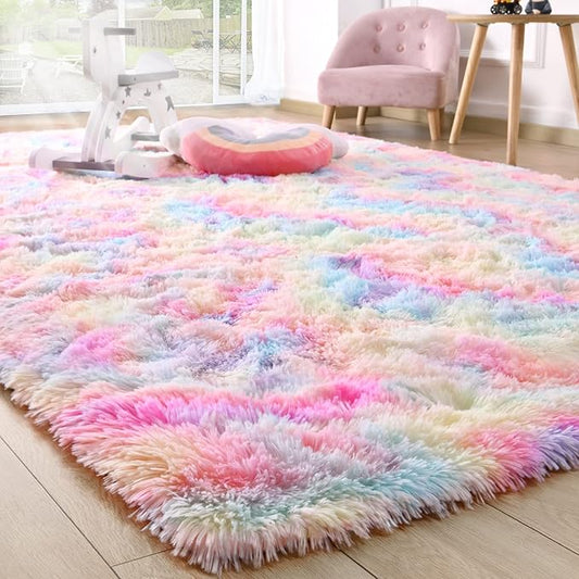 Ompaa Rainbow 9x12 Feet Area Rugs, Large Rainbow Rug for Girls Bedroom, Pastel Unicorn Kawaii Tie Dye Carpet for Teens Dorm Classroom Aesthetic, Shaggy Nursery Rug for Baby Princess Room