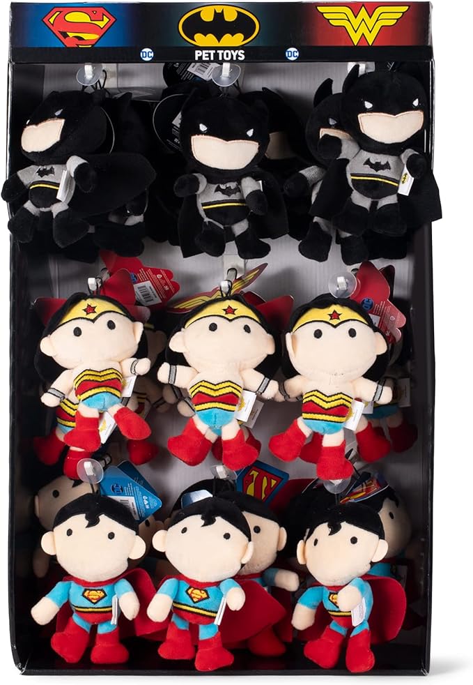 DC Comics for Pets Batman, Superman, and Wonder Woman Dog Toys | 27 Pc Sidekick Bulk Dog Toys | 4" Small, Plush, and Squeaky Dog Toys from for Boutique Pet Shops & Small Businesses