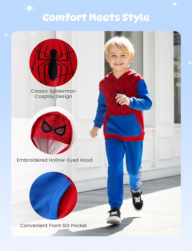Marvel Spiderman Cosplay Costume Avengers 2 Pcs Pocket Hoodie&Pants Hulk Hooded Outfit Venom Captain America Apparel Kid 2-9Y