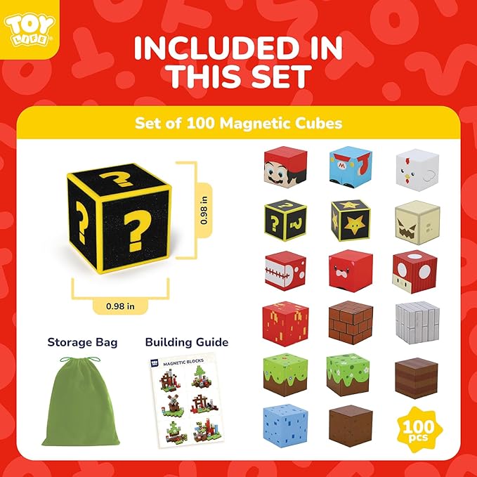 TOY Life Magnetic Blocks - 100PCS Magnetic Building Blocks Set for Kids Age 3-12 Year Old Boys Girls, 1" Mine World Magnet Building Cubes Sets for Toddlers