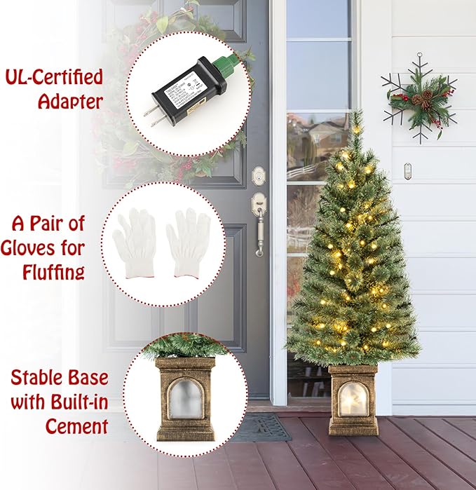 Goplus 4ft Pre-Lit Christmas Tree for Entrances, Artificial Potted Xmas Tree with 100 LED Lights, Timer, 3 Lighting Modes, 116 Branch Tips, Pine Needles, Antique Urn Base, Porch Indoor Holiday Decor