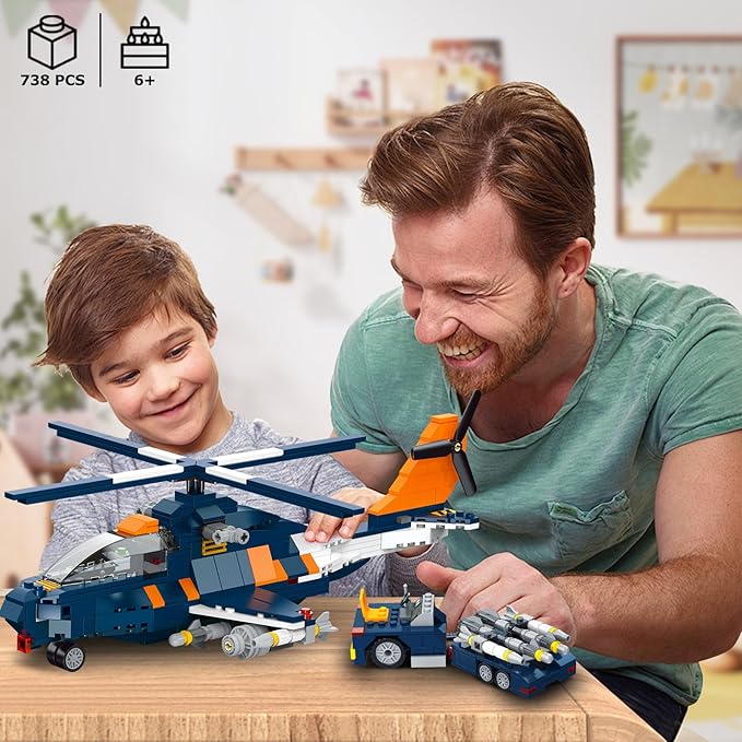 HOGOKIDS 3 in 1 Fighter Jet Plane Building Sets, Military Propeller Aircraft Gunship Building Toys with Vehicle/Rocket Launcher/Speedboat Model Toys, Birthday Gift for Kids, Boys and Girls 10+, 738PCS