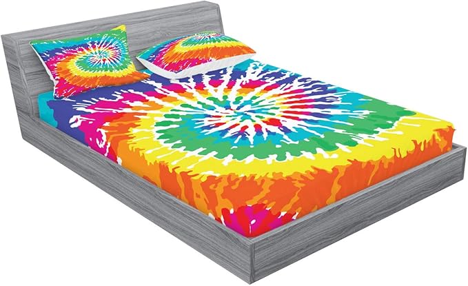 Ambesonne Rainbow Fitted Sheet & Pillow Sham Set, Digital Spiral Vortex Vibrant Rainbow Colored Sixties Ikat Psychedelic Pattern, Decorative Printed 3 Piece Bedding Decor Set, King, Green Multicolor