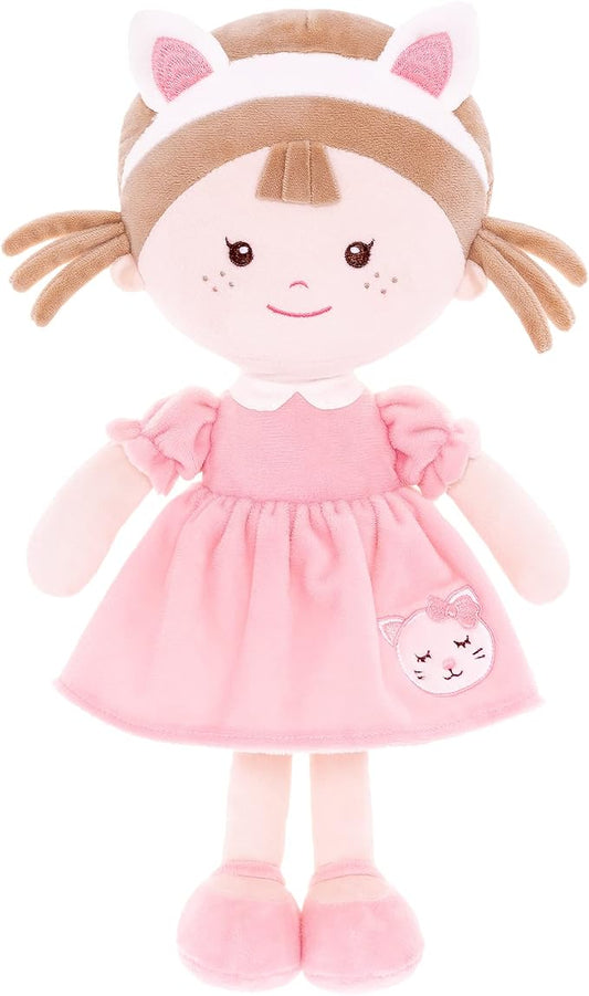 Onetoo First Baby Dolls Cuddle Soft Doll Baby Dolls Plush Rag Doll Wear Kitty Costume PinkDress 14"（Milly Series）