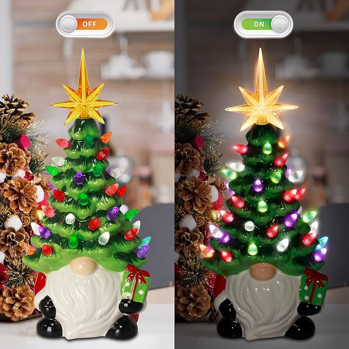 Gnomes Christmas Decorations - 12" Lighted Up Gnomes Ceramic Christmas Tree with 46 Multicolored Lights - Mini Pre-lit Hand-Painted Xmas Tree Decor for Home Indoor