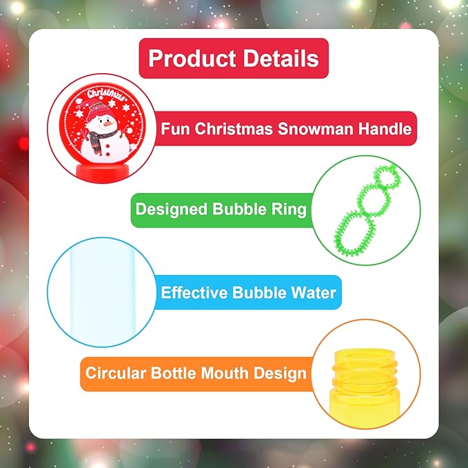 24 Pack Christmas Bubble Wands for Kids - Holiday Themed Bubble Sticks with Santa, Reindeer & Snowman Designs, Refillable Bubbles Bulk Toys for Stocking Stuffers, Boys Girls Gifts, Party Favor