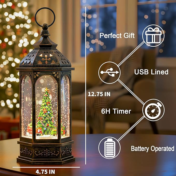 Christmas Snow Globe Lantern Octagon Rotating Train Christmas Tree Scene Music Box, USB and Battery Powered Christmas Decorations Presents.