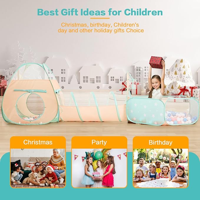 SISTICKER 3 in 1 Kids Play Tent with Baby Ball Pit and Play Tunnel, Toddler Climbing Toys for Boys, Girls, Babies, Indoor Outdoor Pop Up Playhouse Tunnel Toys (Balls NOT Included)