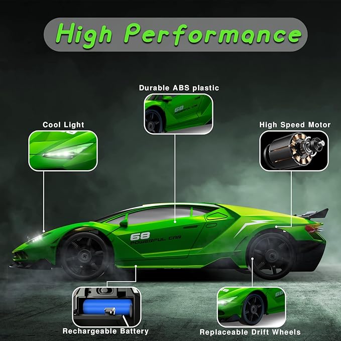 Remote Control Car RC Cars Toys for Boys, 1/24 2.4GHz 4WD RC Drift Car Racing Drift Hobby Racing Car Toys with Light Rechargeable Battery and Drift Tires Xmas Toys for Kids Green