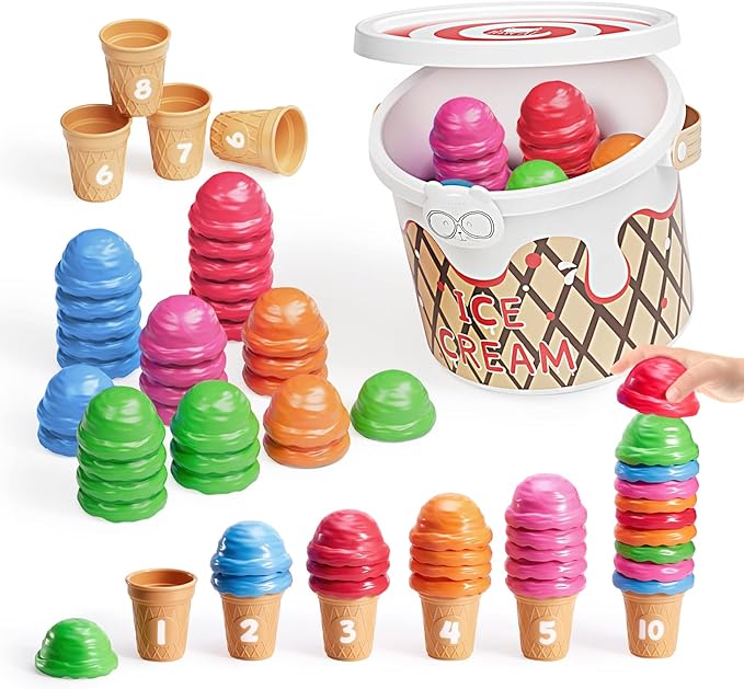 JoyCat Ice Cream Preschool Learning Activities Counting and Color Sorting Set Stacking Toys for Kids 3-5, Safety Fine Motor Skills Toy, Math Learning Resources Easter Basket Stuffers for Toddler 65PCS