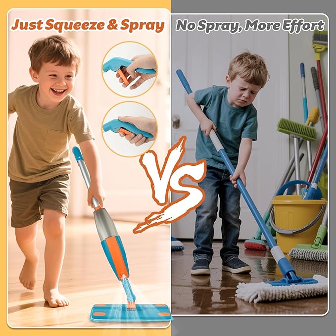 Kids Spray Mop - Real Working Toddler Cleaning Toy Set with Water Sprayer & 2 Washable Pads - Montessori Mini Mop & Sweeper - Interactive Learning Toys for Kids Ages 3+