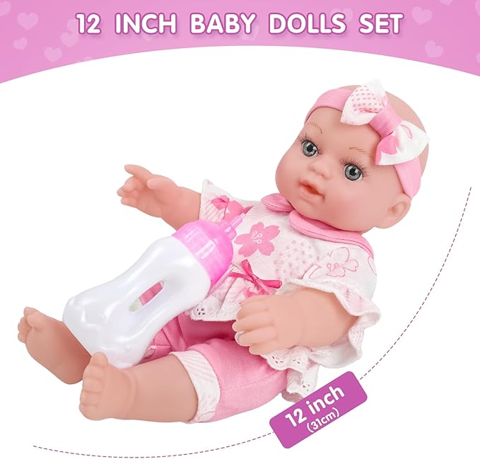 DONTNO 12 Inch Pink Baby Doll with Bassinet Bed,Reborn Baby Doll Includes Clothes and Accessories,Bottles,Nipple,Burp Cloth,Diaper,First Baby Dolls for Toddlers 36 Months and Up