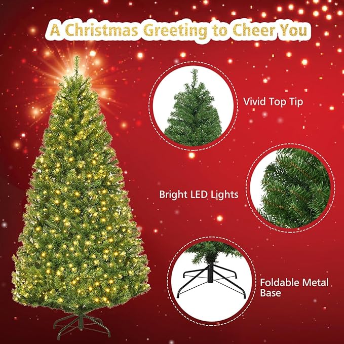 COSTWAY 6 FT Pre-lit Christmas Tree, Artificial Xmas Tree with 350 Warm White & Multicolored Lights, 11 Modes, 1000 Branch Tips, Metal Support, Holiday Decoration Fake Tree for Home, Office, Party