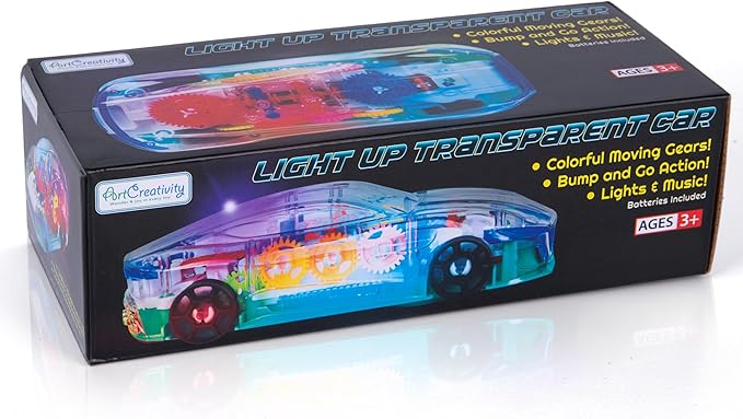 ArtCreativity Light Up Transparent Sensory Car Toy for Kids, 1PC, Bump and Go Toy Car with Colorful Moving Gears, Music, and LED Effects, Easter Toys for Toddlers, Great Birthday Gift Idea