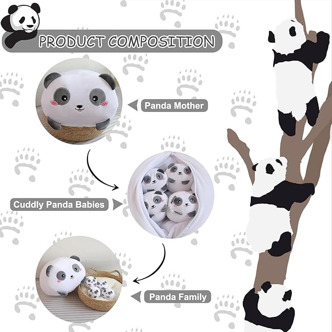 Panda Stuffed Animal Panda Plush with 4 Baby Plushies in Her Tummy, Soft Bear Toy Pillow Gifts for Kids Birthday