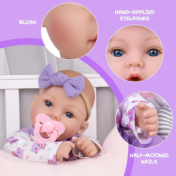 Aori Lifelike Reborn Baby Dolls Girl - Realistic 18-Inch Newborn Baby Doll, Nice Gift Set for Kids, Parents-to-be, Grandparents, Purple Clothes