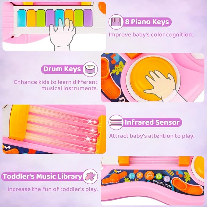 Kids Guitar 2 in 1 Musical Instruments for Kids Piano Toddler Toy Electric Guitars with Strap Music Toys for 3 4 5 Year Old Boys Girls Gifts (Pink)
