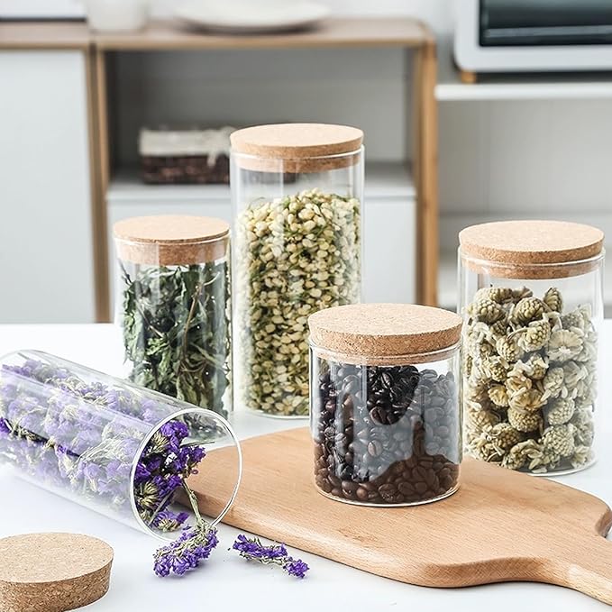 Airtight Glass Storage Containers with cork Lid, for Kitchen Pantry Organization and Storage jar，Ideal for Coffee Beans Snacks Flour Cereal Sugar Tea 21oz. (Circular 4.7 * 3.3in*2pcs)