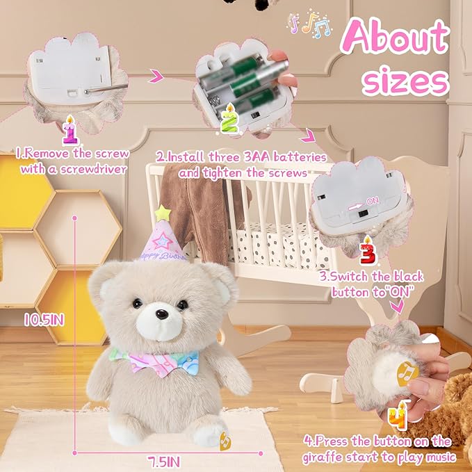 Birthday Bear Plush Toy Clap Activated with Voice Recording Singing Dancing Interactive Stuffed Animal Gift for Toddler Kids Boys Girls