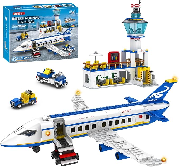886 Pcs City Airport Passenger Terminal Building Set, 6 IN 1 Airplane Building Blocks Toy, STEM Aircraft Bricks with Shuttle Bus,Luggage Cart,Planes Model Toys Gifts for Adults Boys Ages 6-12+