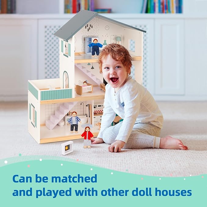 Wooden Dollhouse Furniture Set for Kids, 26 Pcs Dollhouse Accessories with 4 Family Dolls and Dog, Miniature Doll House Furniture Toys Pretend Play Set for G irls Boys Age 3+