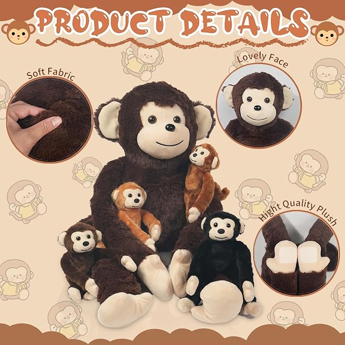 5 Pcs Monkey Stuffed Animal with Babies, Huggable Mom and 4 Baby Stuffed Monkey Plush Toys Cute Stuffed Monkeys Doll Set Christmas Birthday Party Easter Stuffers Gifts for Kids Girls Boys