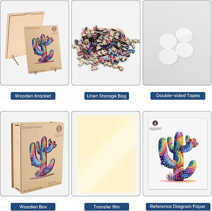 Colorful Cactus Wooden Puzzles for Adults, 200 Pieces Jigsaw Puzzles, Unique Shaped Medium Size Wood Puzzle Gift for Kids, Family Game 10.6'' x 13.4''