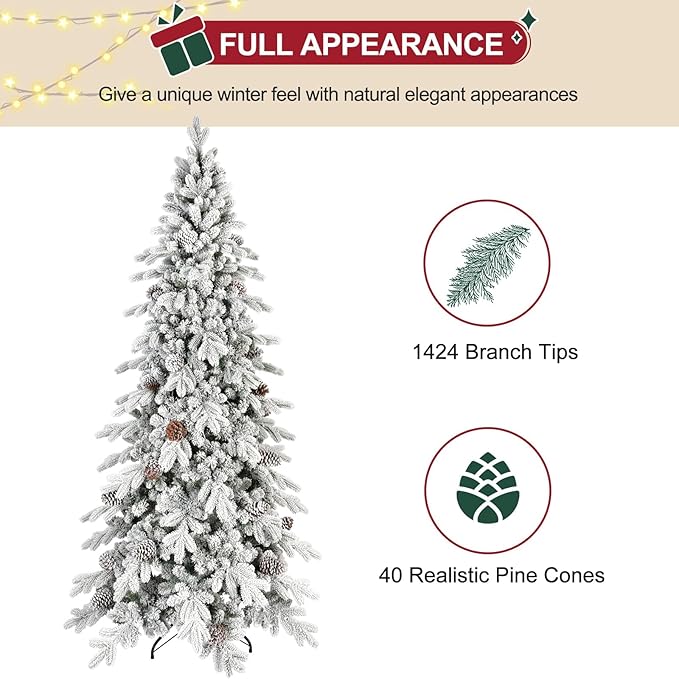 7.5 FT Snow Flocked Slim Fir Christmas Tree with 1424 PE & PVC Mixed Branch Tips,Unlit Artificial Skinny Pencil Xmas Tree with 40 Pine Cones,Hinged Premium Xmas Trees for Home,Office,Party Decoration