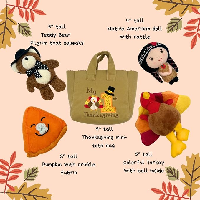Genius Baby Toys My First Thanksgiving Toy with Plush Gobble Turkey, Teddy Bear, Little Pumpkin Pie, Indigenous Native American Girl - Cute Thanksgiving Toys for Babies Toddlers