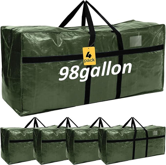Windyun 4 Pack 98 Gallon Extra Large Storage Bag XXL Moving Bag with Zipper Handle Heavy Duty Jumbo Big Tote Box for Halloween Skeleton 4-12 Feet Christmas Tree Storage College Dorm Cloth (Army Green)