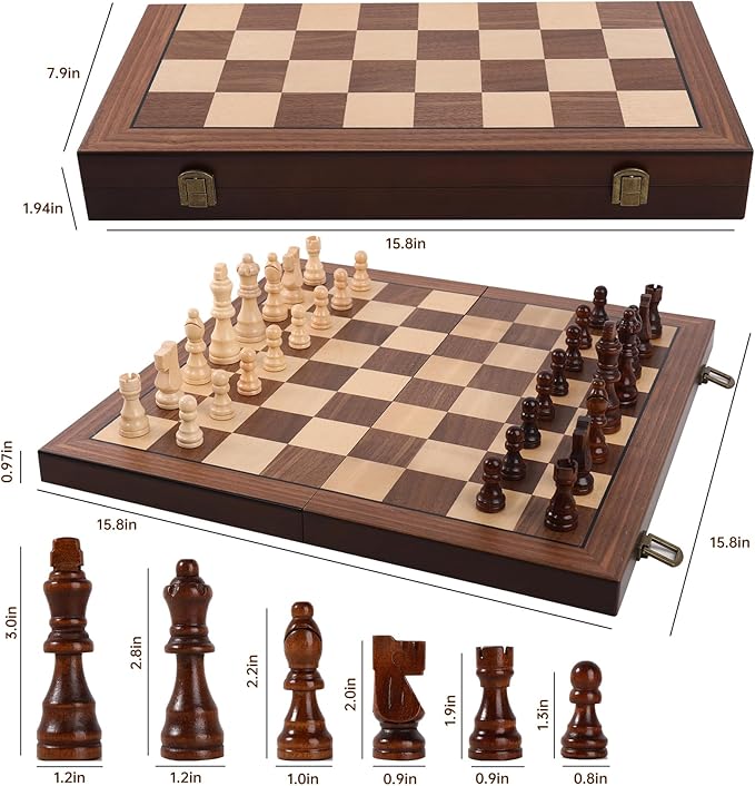 Magnetic Wooden Chess Set 15'' Folding Chess Board, Portable Travel Chess Set Games with Chessboard Bag, Beginner Chess Set for Tournament Professional Beginner