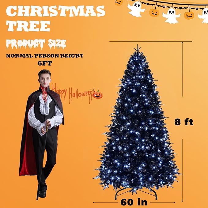 8FT PreLit Black Christmas Tree with 600 Lights, Artificial Fake Christmas Tree with 2486 PE&PVC Branch Tips, Halloween and Xmas Tree for Holiday Decorations, Metal Stand and Hinged Branches
